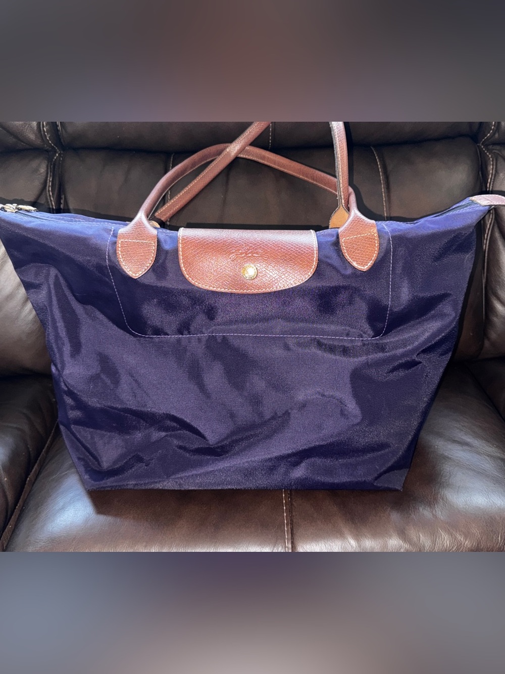 Longchamp Le Pliage Large/Medium Purple Nylon Long Handle Tote Bag Brown Leather